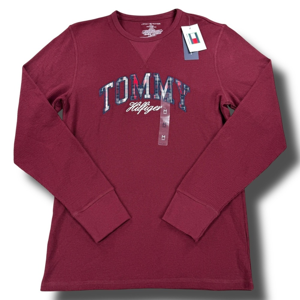 NWT‎ Tommy Hilfiger Mens Waffle Knit Thermal Shirt Size Medium M Burgundy